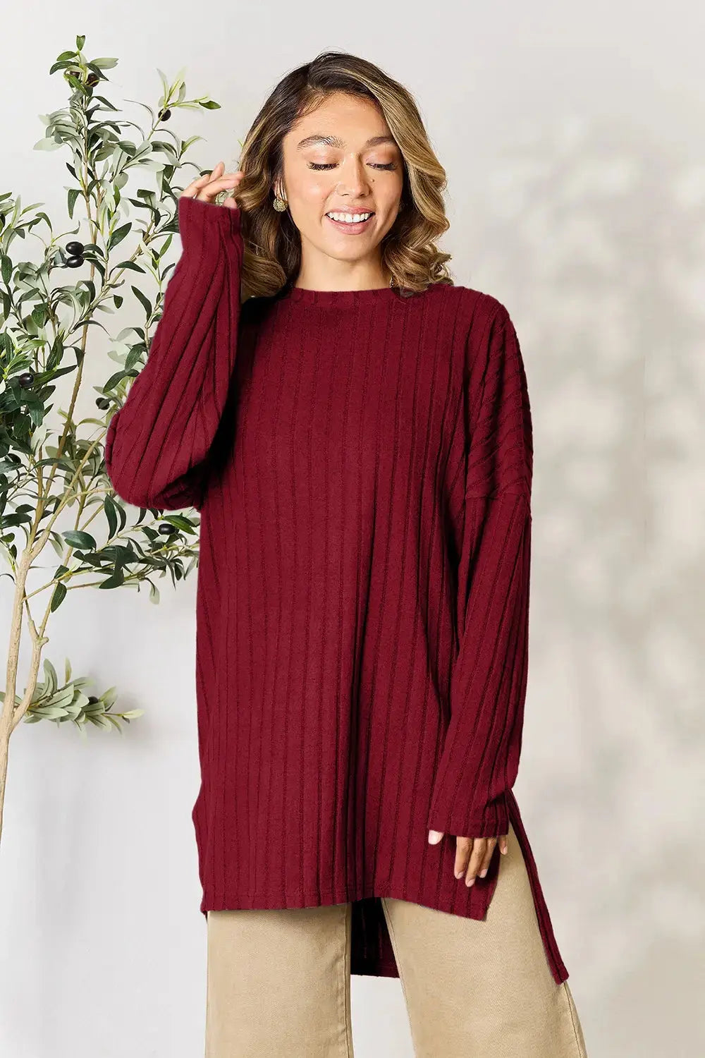 Basic Bae Full Size Ribbed Round Neck Long Sleeve Slit Top - Love Salve